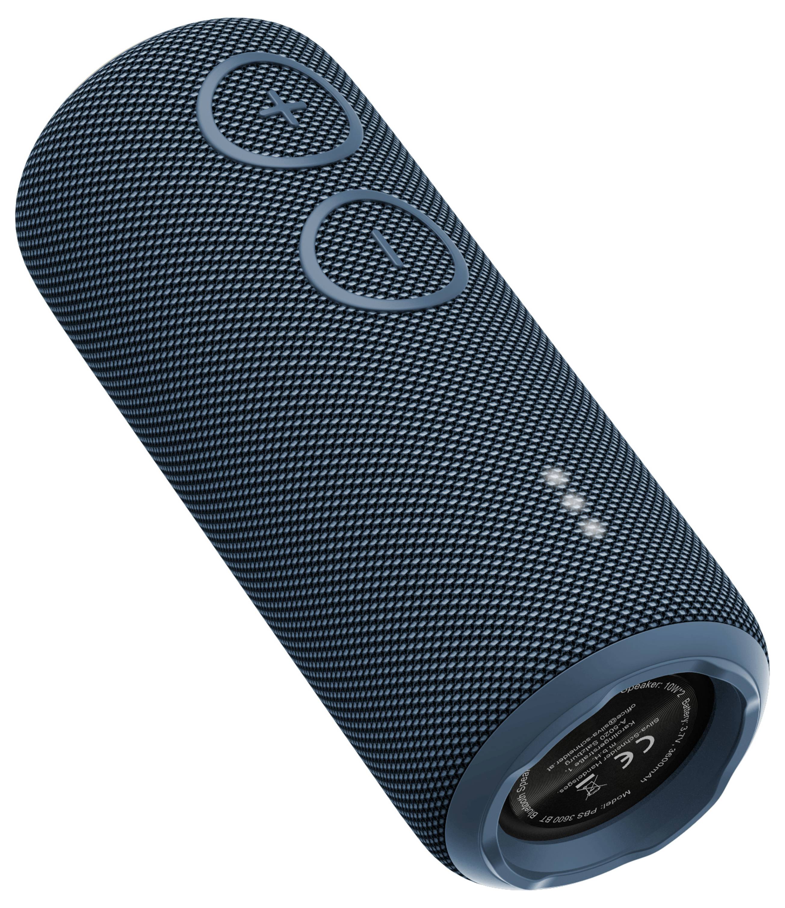A portable, cylindrical speaker in blue with volume control buttons on top.