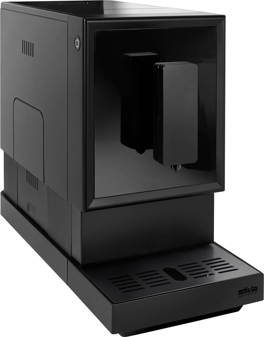 Black coffee machine with modern design, drip tray and controls on the front. Suitable for office or home use.