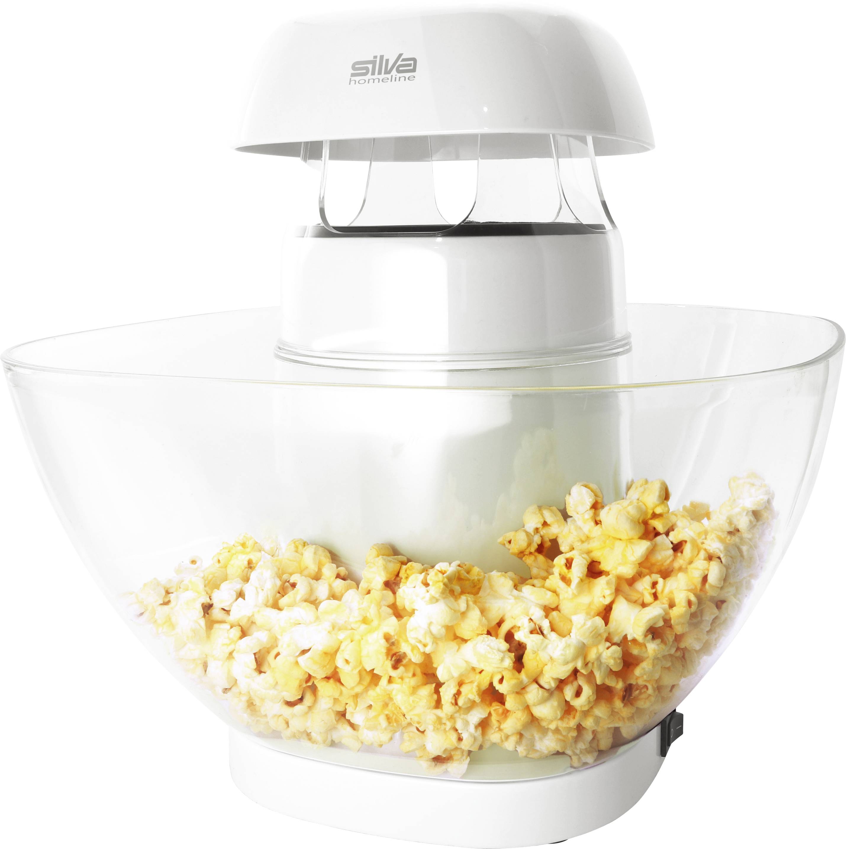 A white popcorn machine with a large transparent bowl, filled with fresh popcorn.