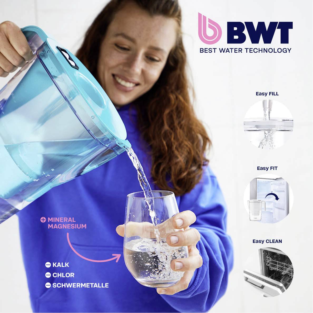 A woman is pouring water from a blue carafe into a glass. Symbols emphasise mineral filtration, limescale, chlorine and heavy metals. Brand logo in the top right corner.