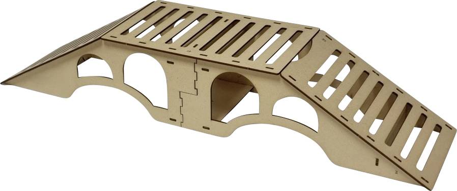 A wooden toy for small animals; a climbing ramp with holes and a roof made of wooden slats. Ideal for exercise and hiding.