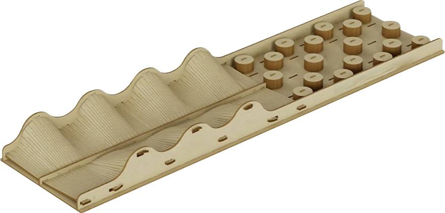 Wooden organiser with wave-shaped and cylindrical compartments for storing small items, such as corks or beads.