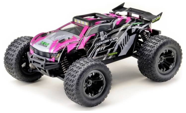 A pink and black remote-controlled model car with large off-road tyres.