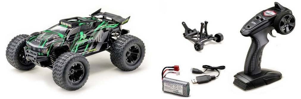 Remote-Controlled Car Set: Includes green car, charging adapter, remote control and small accessory part.