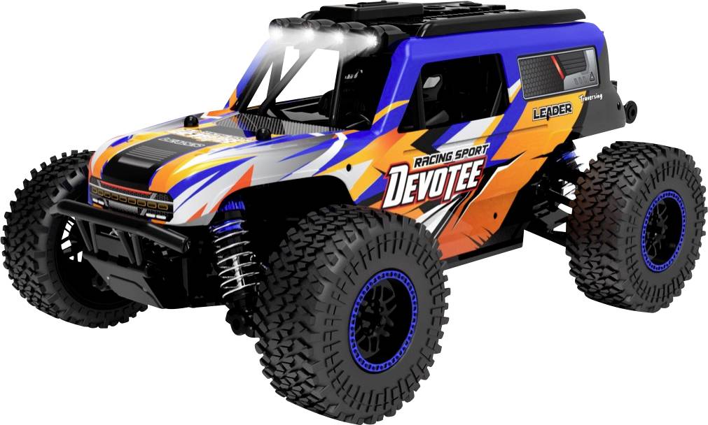 A remote-controlled, brightly painted car with large, robust tyres, labelled on the side with 'Racing Sport Devotee'.