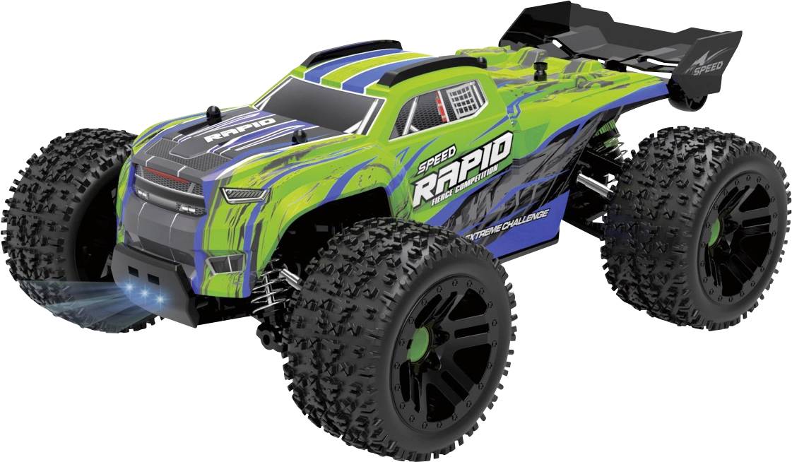 A green remote-controlled car with blue stripes and large tyres, on which 'RAPID' is written, races quickly towards the viewer.