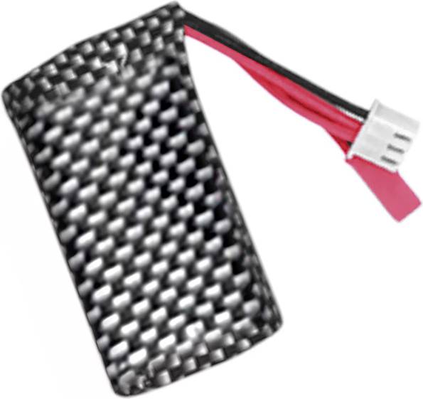 A rectangular battery pack with a black carbon fibre pattern and two protruding cables, one red and one black.