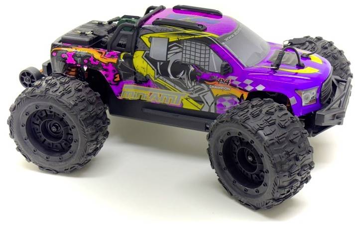 Toy monster truck with a colourful, graphic design in purple, yellow, and black. Large, robust tyres, suitable for off-road driving.