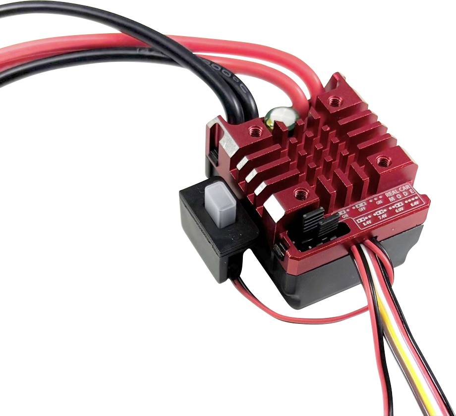 Electronic component with red heat sinks and multiple connected cables, likely a controller for model-making applications.