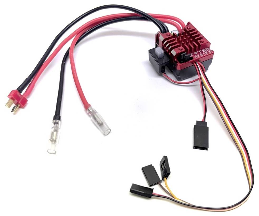 Electronic speed controller for model vehicles with red and black cables and various connectors.