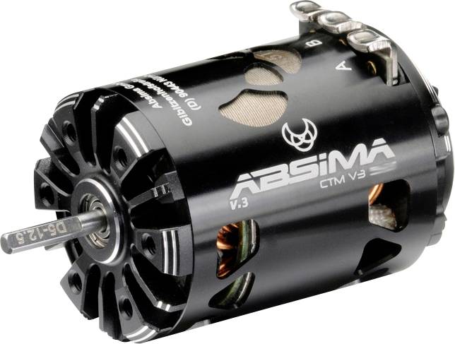 Black electric motor with the inscription 'Absima CTM v3', cylindrical shape, showing detailed metal components.