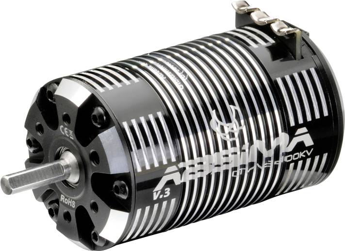 Black, cylindrical electric motor with cooling fins and 'ARRMA' inscription. Used in remote-controlled vehicles for high performance.