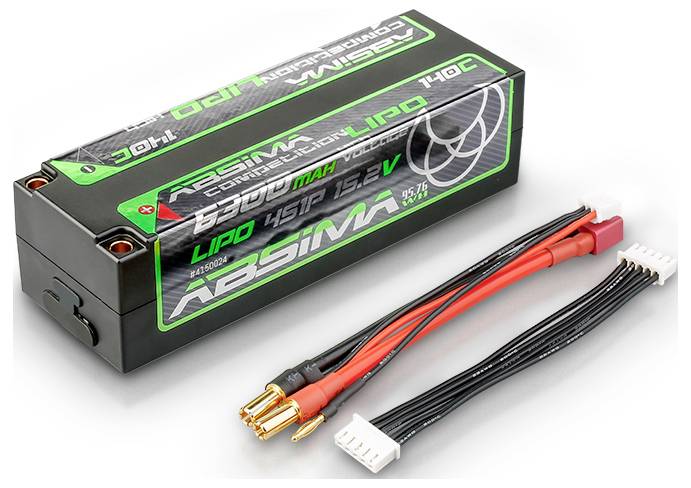 'Absima Lipo Battery with 6200 mAh, 7.4V, 55C, 2S1P' text on the battery. Includes connection cable.