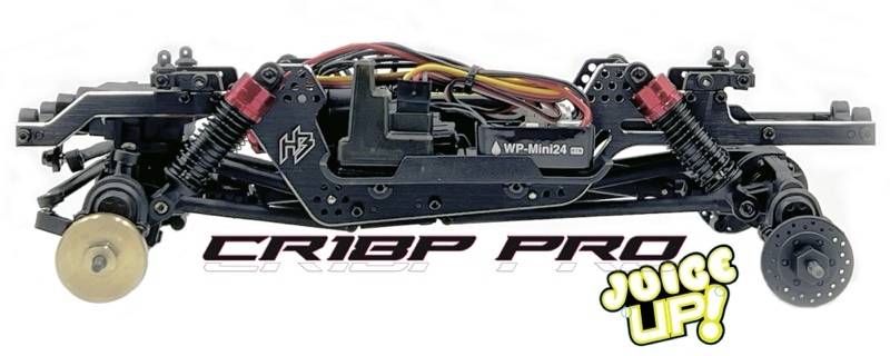 RC Metal Chassis with Cables and Shock Absorbers. Text 'CR1BP PRO' and 'Juice Up!' underneath. Focus on Technology and Construction.
