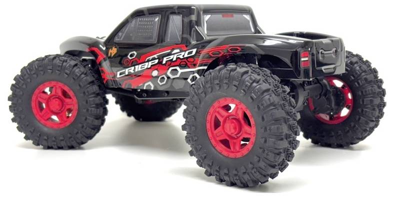 A black, remote-controlled toy car with large tyres and red alloy wheels. The design is sporty with red accents.