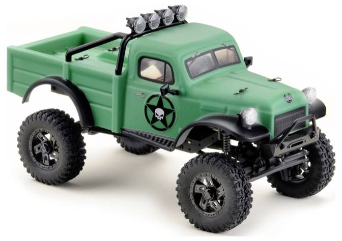 Green toy off-road vehicle with large tyres and a black skull logo on the side.