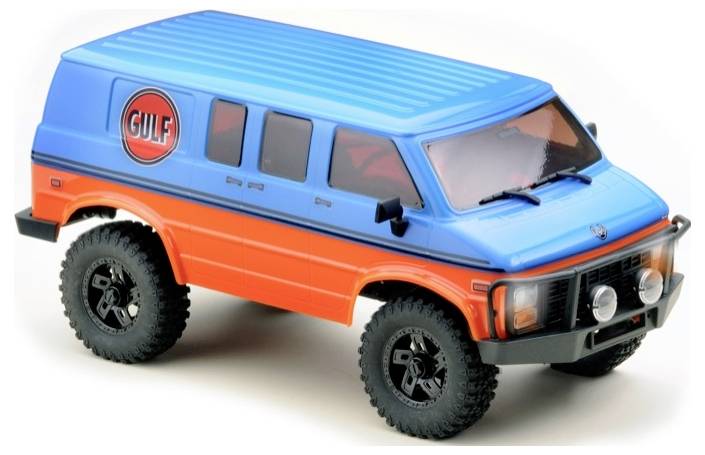 A toy car in the shape of a blue and orange off-road vehicle with the 'GULF' logo on the side.