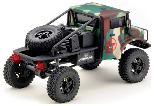 A model car with camouflage pattern, two red tail lights and a spare tyre on the load bed.