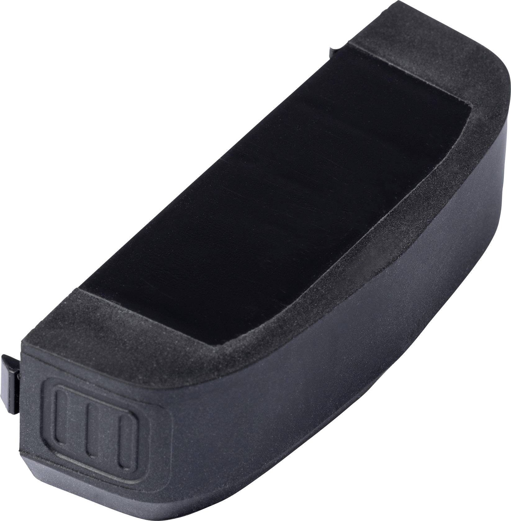 A black, rectangular battery with rounded corners and a clear plastic lid.