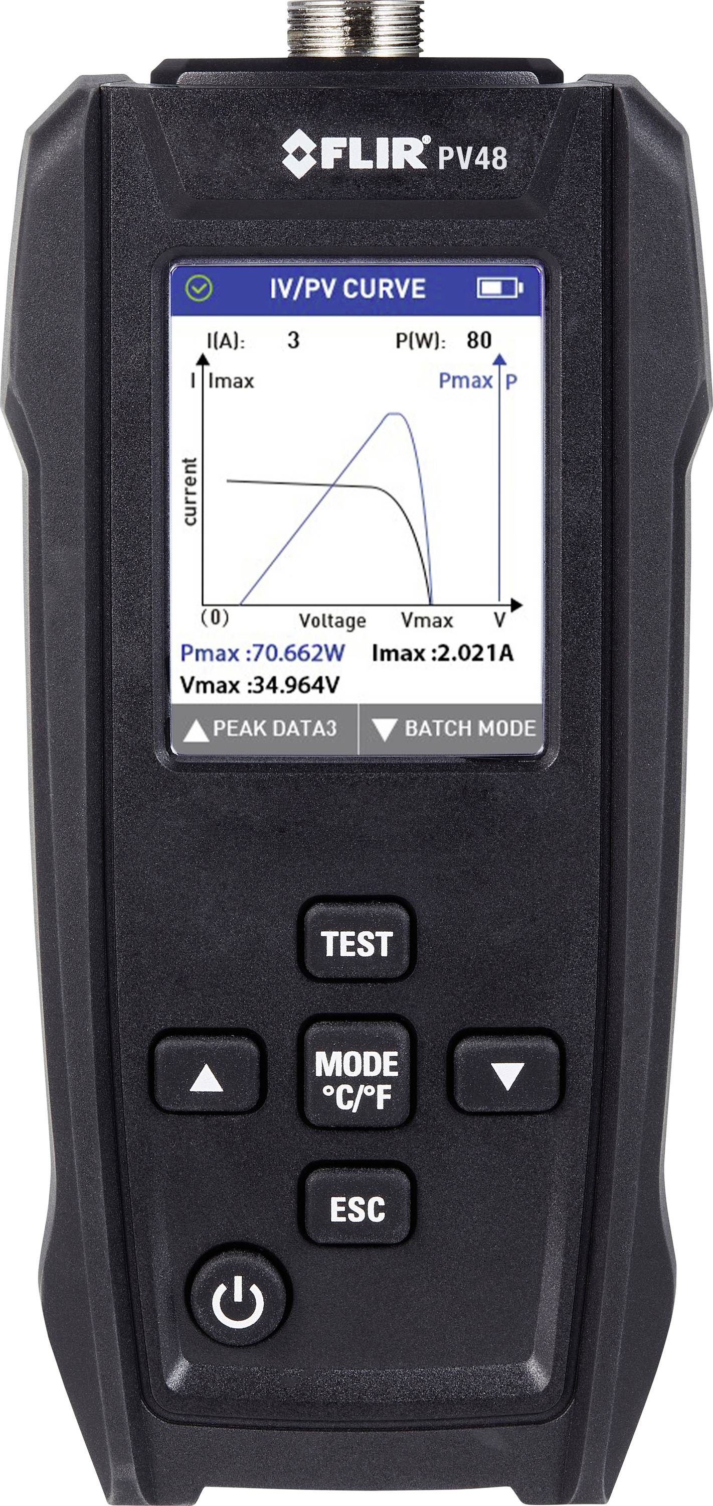 A portable testing device with a screen displaying an I-V/P-V curve to verify maximum performance data. Includes test and configuration buttons.