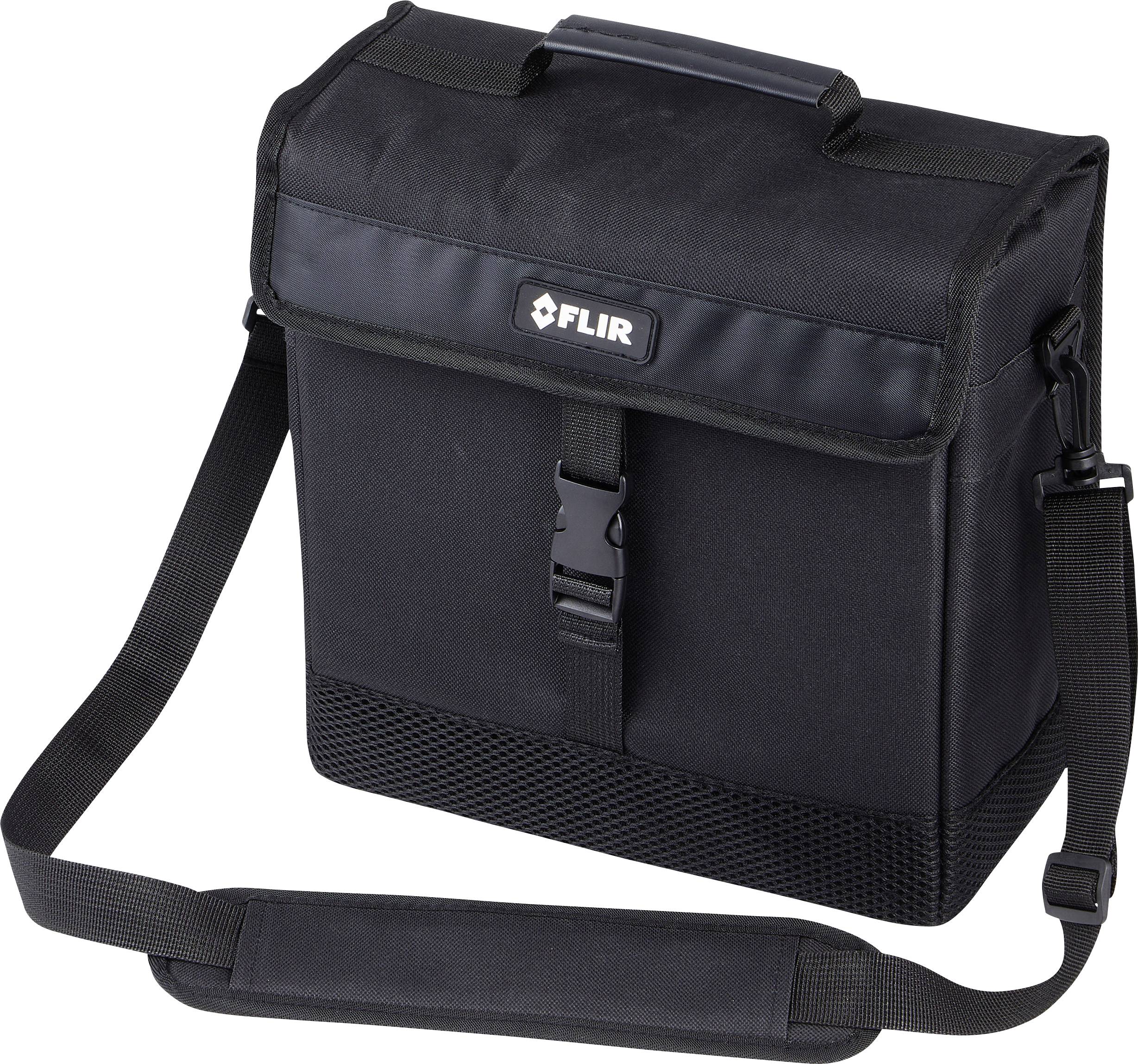 A black messenger bag with a textile fastening and adjustable shoulder strap. Top surface featuring logo print, suitable for carrying personal items.