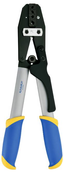Crimping tool with blue and yellow handles, used for fastening connectors to wires, featuring a black metal jaw.