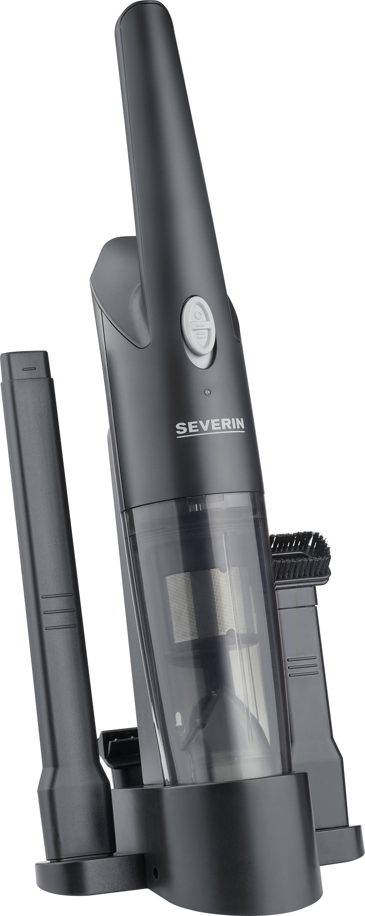 Black handheld vacuum cleaner with a transparent dust collection container and two accessories, standing on a charging station.