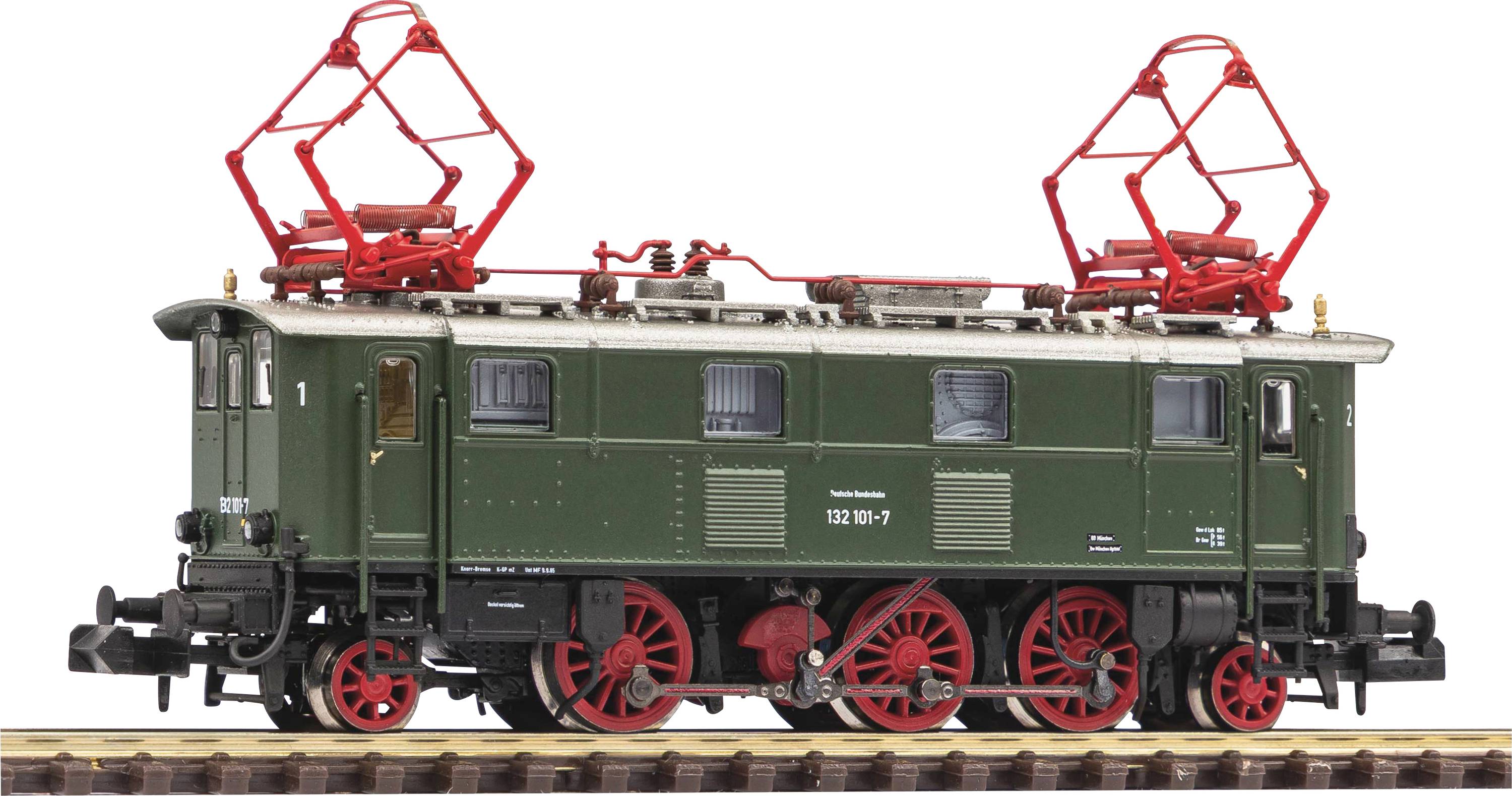 Historic green electric locomotive with red wheels and pantographs, standing on a railway track.