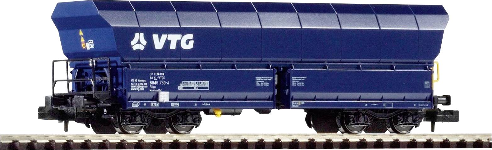 A blue freight wagon with the inscription 'VTG' on a railway track. The wagon has a rectangular shape and a large cargo capacity.
