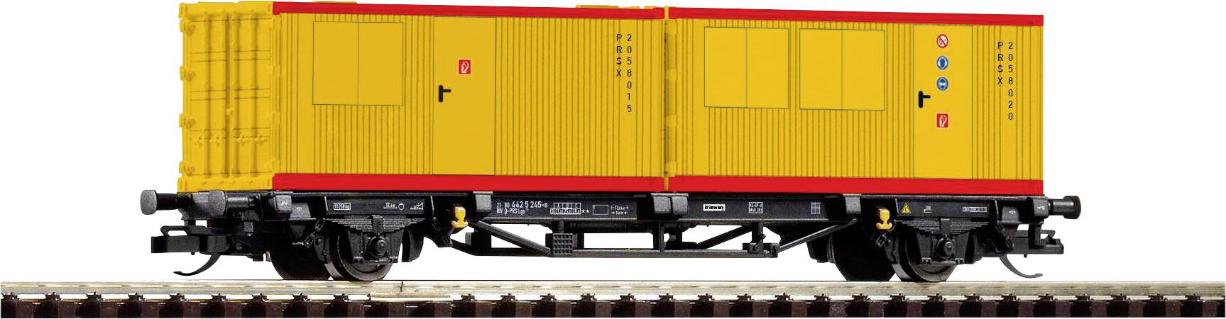 Yellow railway freight wagon with red accents on tracks. Doors and symbols on the side. Technical model in detailed view.