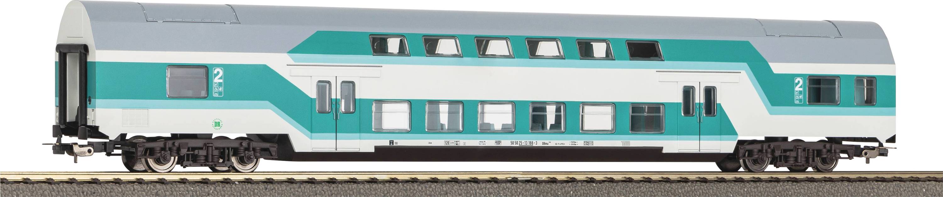 A blue and white model train carriage is sitting on a track. It is a double-decker passenger carriage.