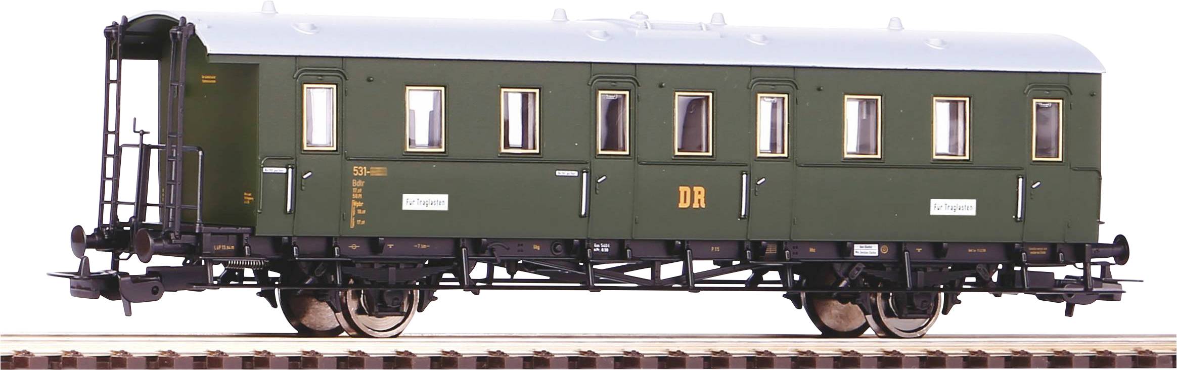 Green model railway carriage of the Deutsche Reichsbahn, shown from the side on a track, with multiple windows and black wheels.