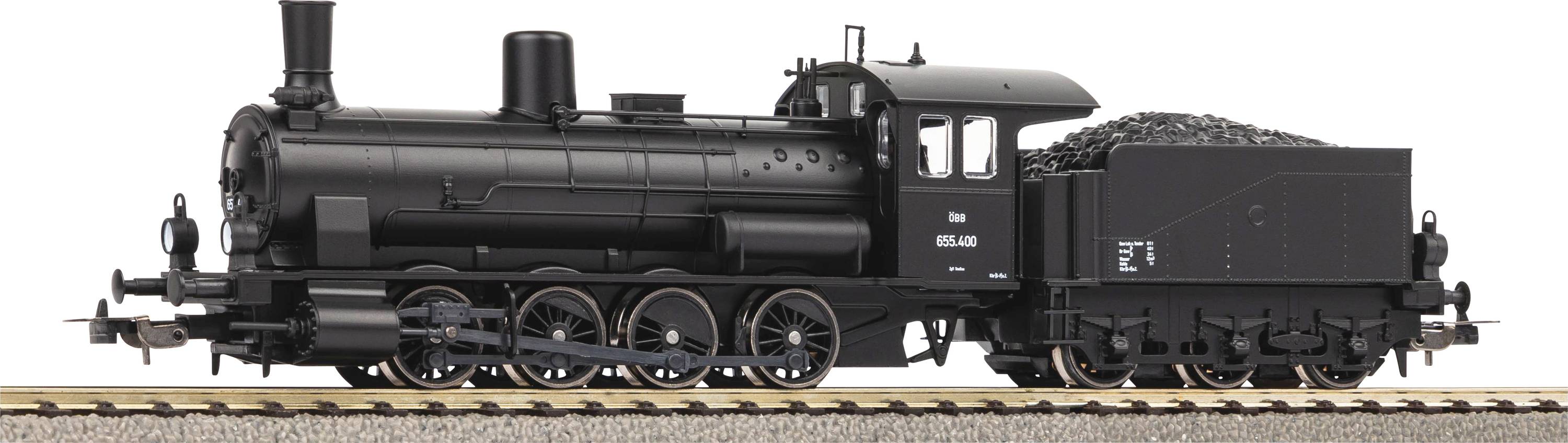 A black model of a steam locomotive with a coal tender, standing on a section of track, side view.