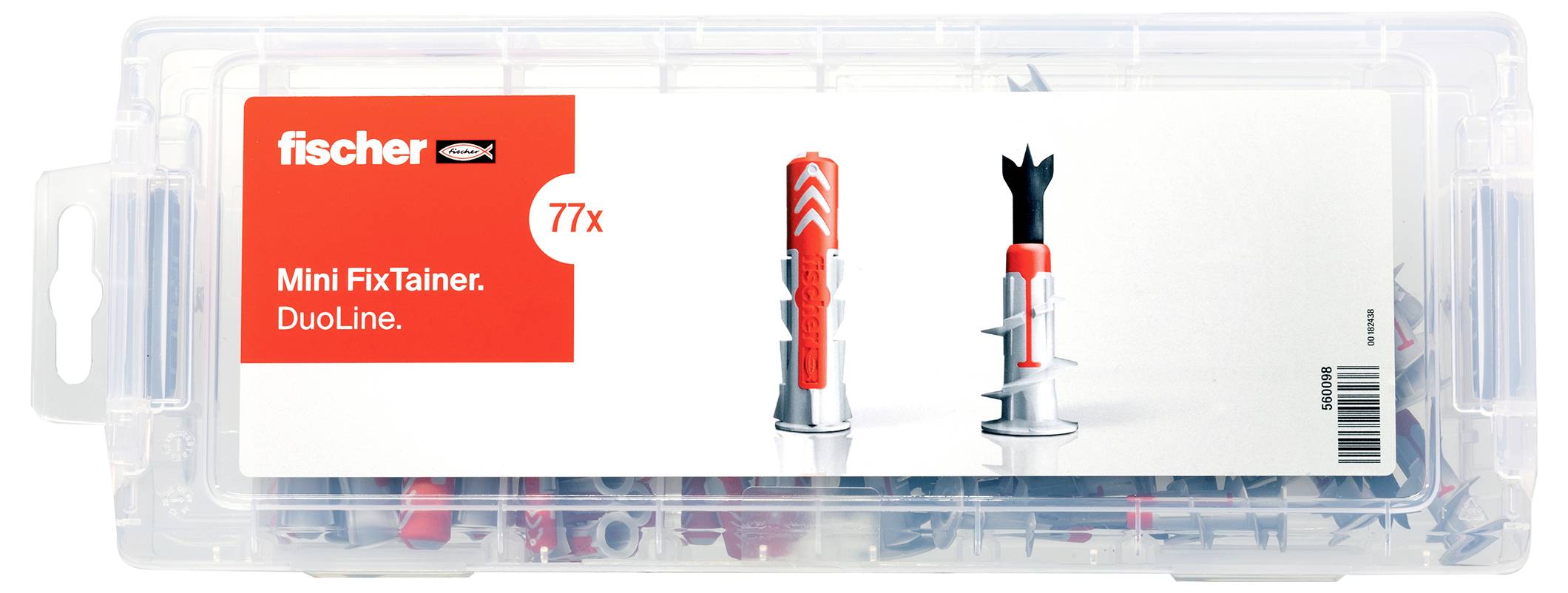 A transparent box from 'fischer' contains 77 mini wall plugs from the DuoLine series. Two wall plug variants are pictured on the packaging.