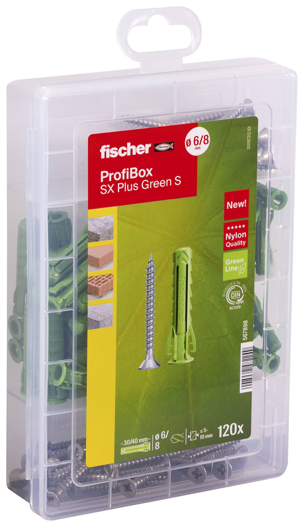 Plastic storage box with green wall plugs and screws in separate compartments.