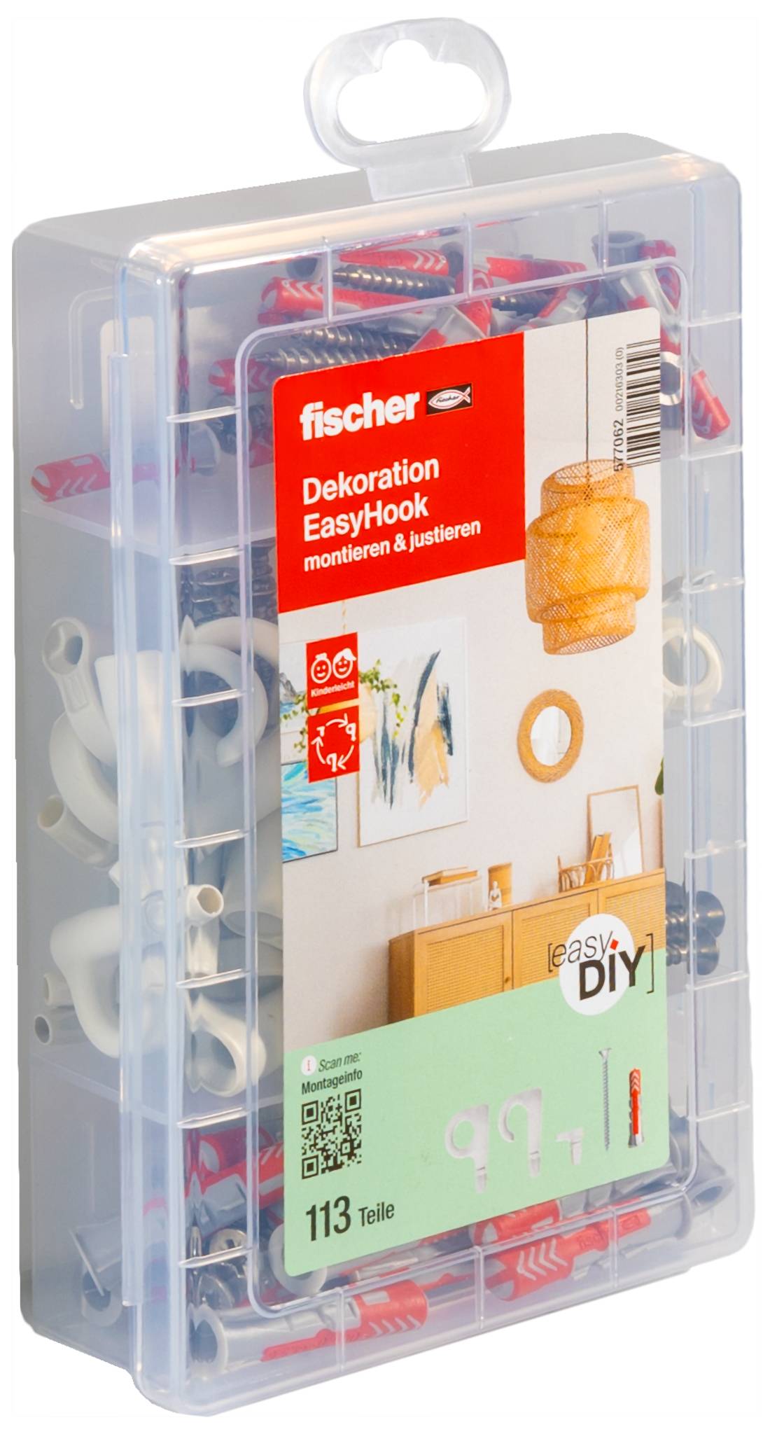 A plastic box with red and white wall plugs and screws in different compartments for organising fixing materials.