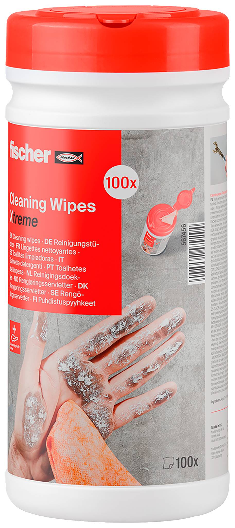 Container of Fischer Cleaning Wipes Xtreme, 100 sheets, with a red lid and label showing a hand cleaning grease and dirt.