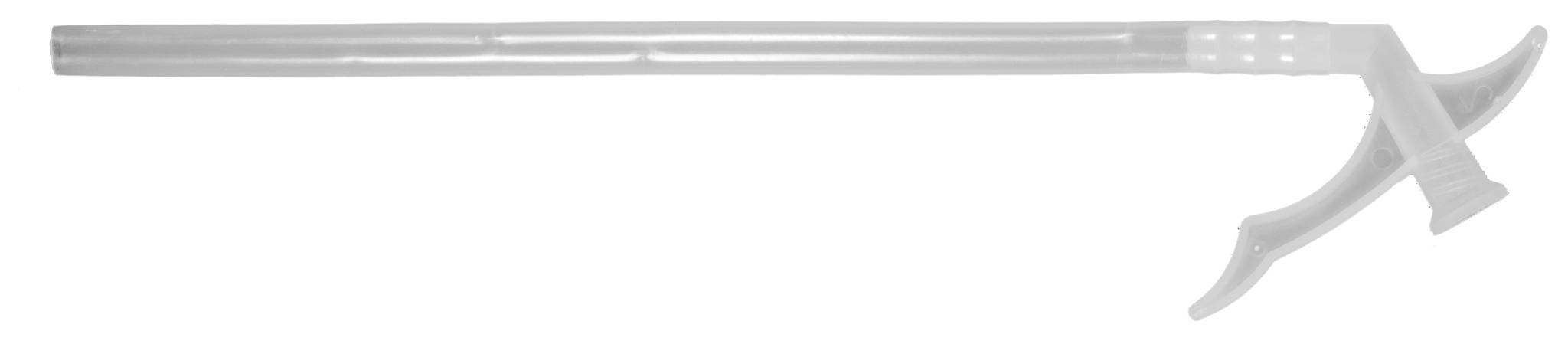 Plastic grabber stick with two handles at one end, used for picking up objects without having to bend down.Translation: Plastic reaching aid with two handles at one end, used for lifting items without needing to stoop.