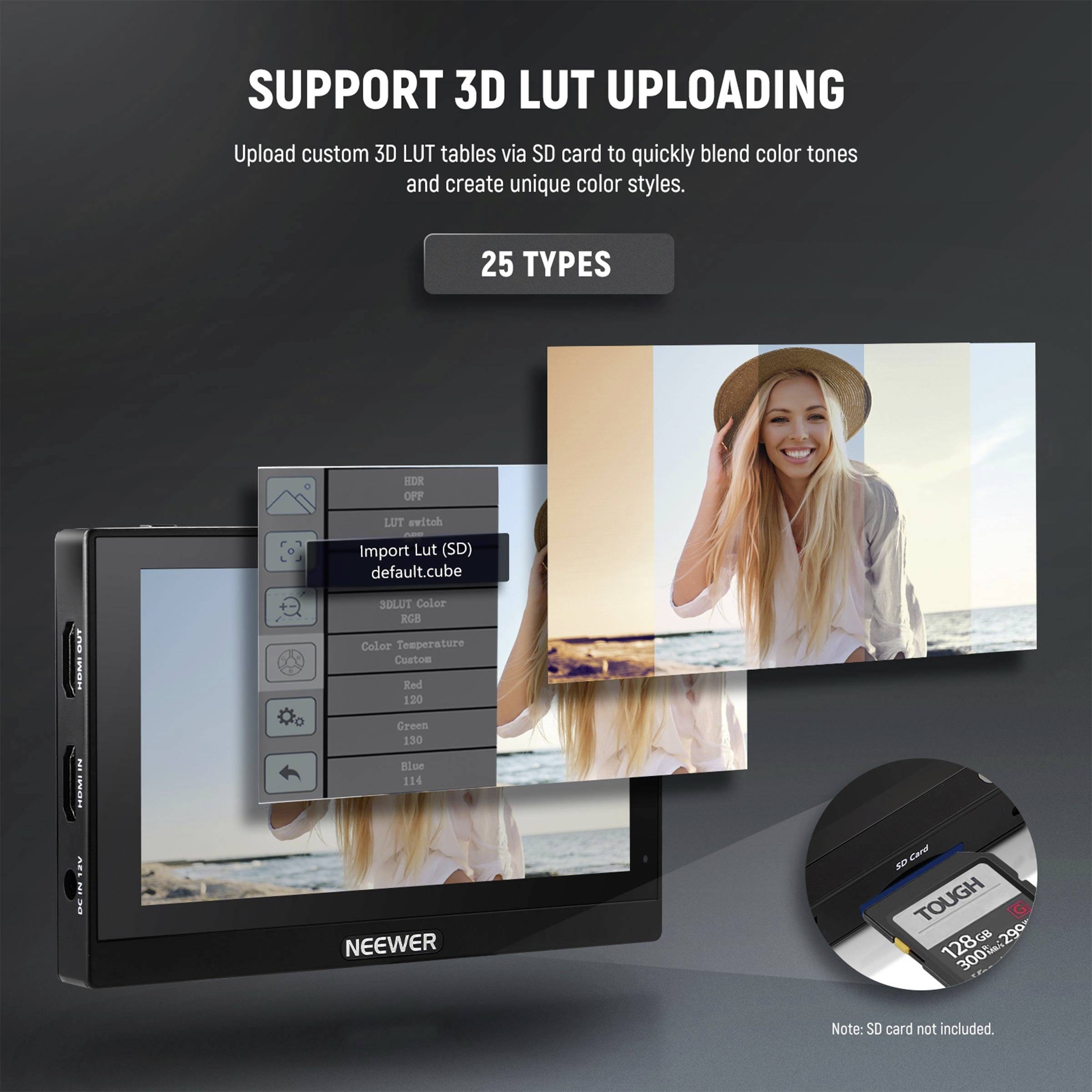 User interface of a device supporting 3D LUT upload via SD card to create colour profiles. Contains 25 types.