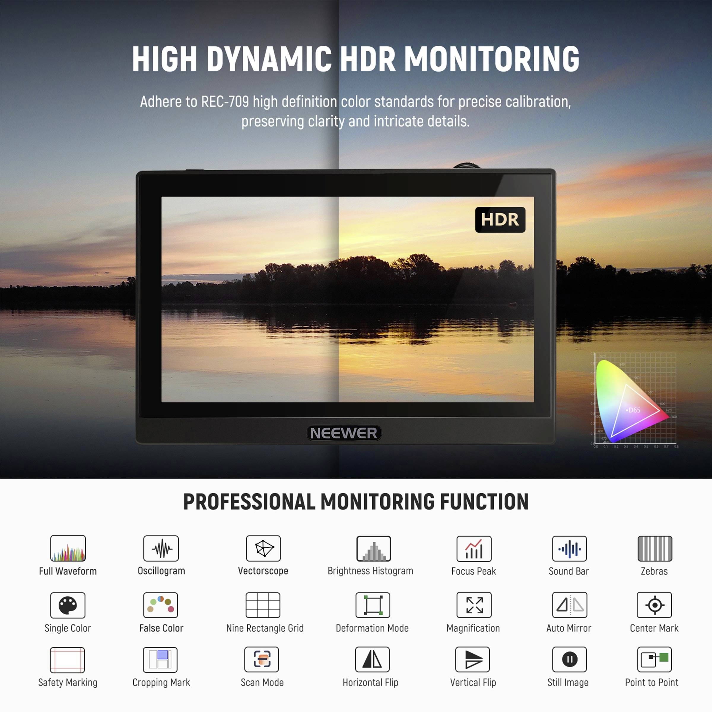 'High Dynamic Range (HDR) Monitoring' on a monitor with a sunset. Below, functions such as 'Colour Calibration' and 'Focus Peak'.