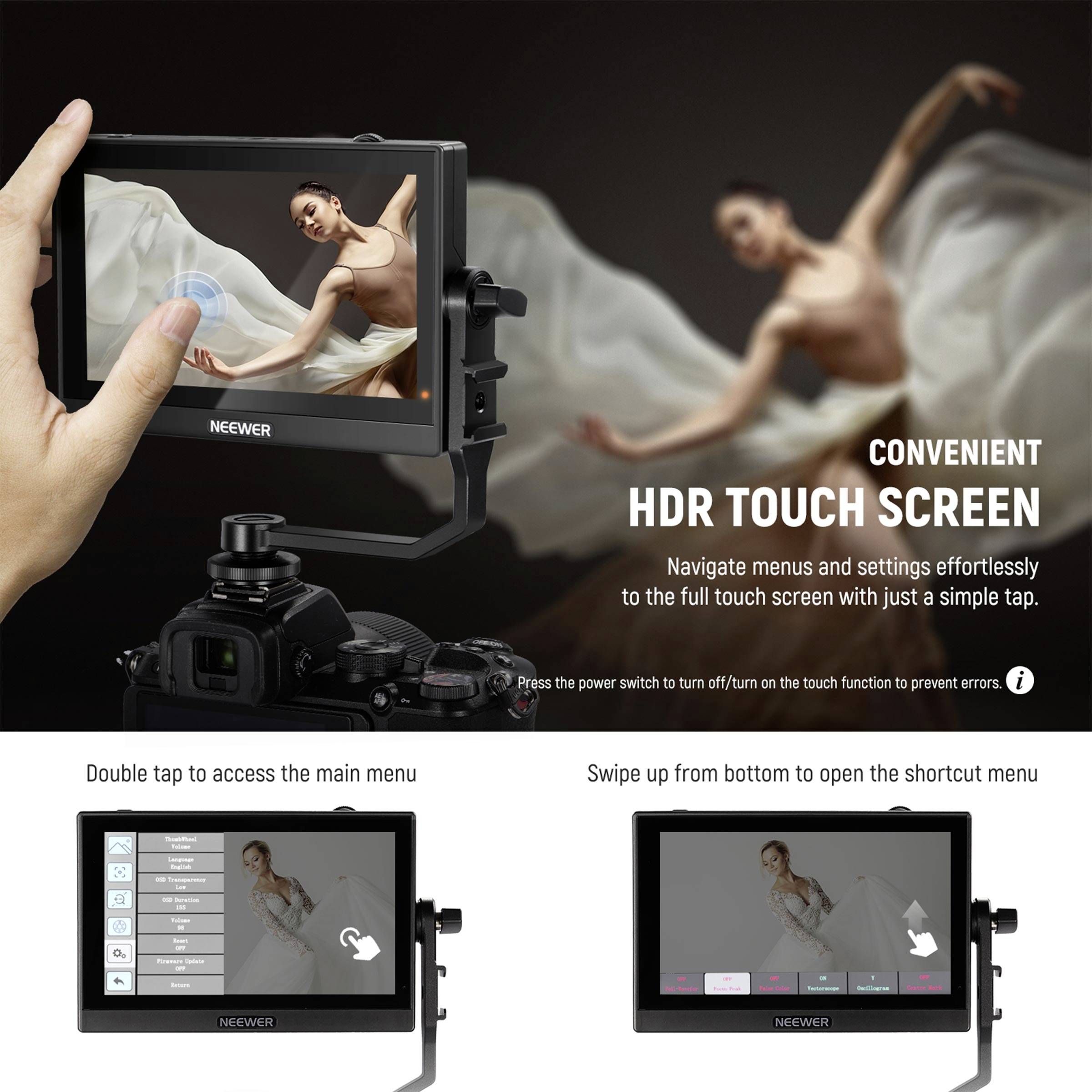 Display with touchscreen, showing a dancer in a white dress, menu options for easy operation. Guide to gesture control.