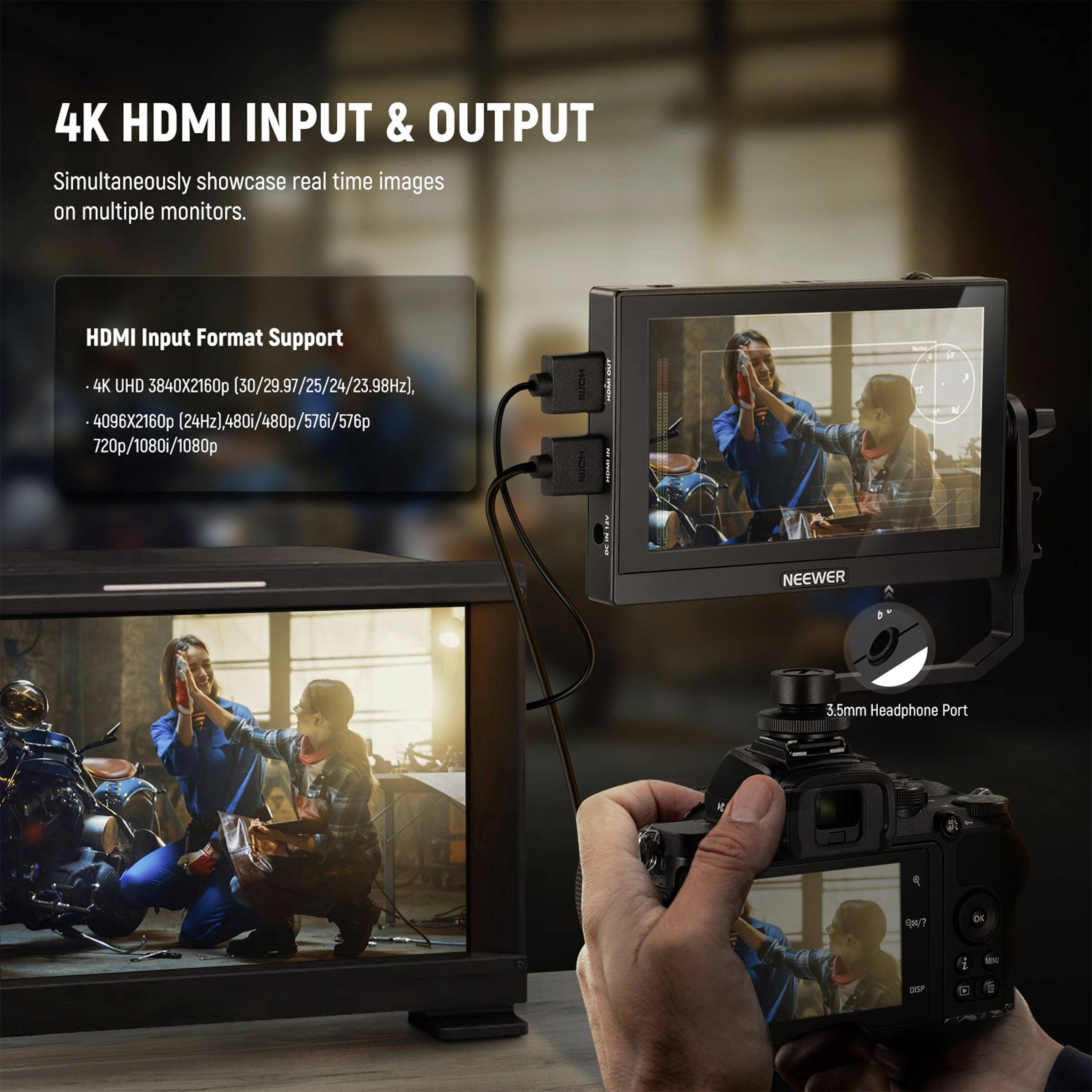 Two screens display the same film in a studio setup, supported by 4K HDMI input. A hand controls the camera.