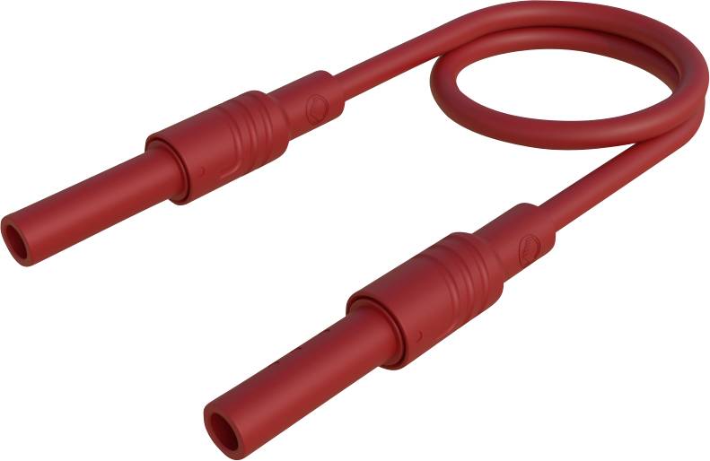 Red cable with two plugs at the ends, formed into a loop. Electrical accessory for connections or measurements.