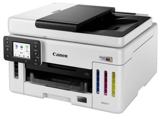 Canon multifunction printer, MegaTank Maxify GX7050 model, with touchscreen control panel and ink level viewing windows.