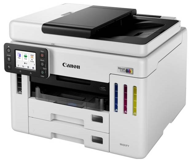 Multifunction printer with digital display and multiple paper trays. Suitable for colour and monochrome printing in office environments.