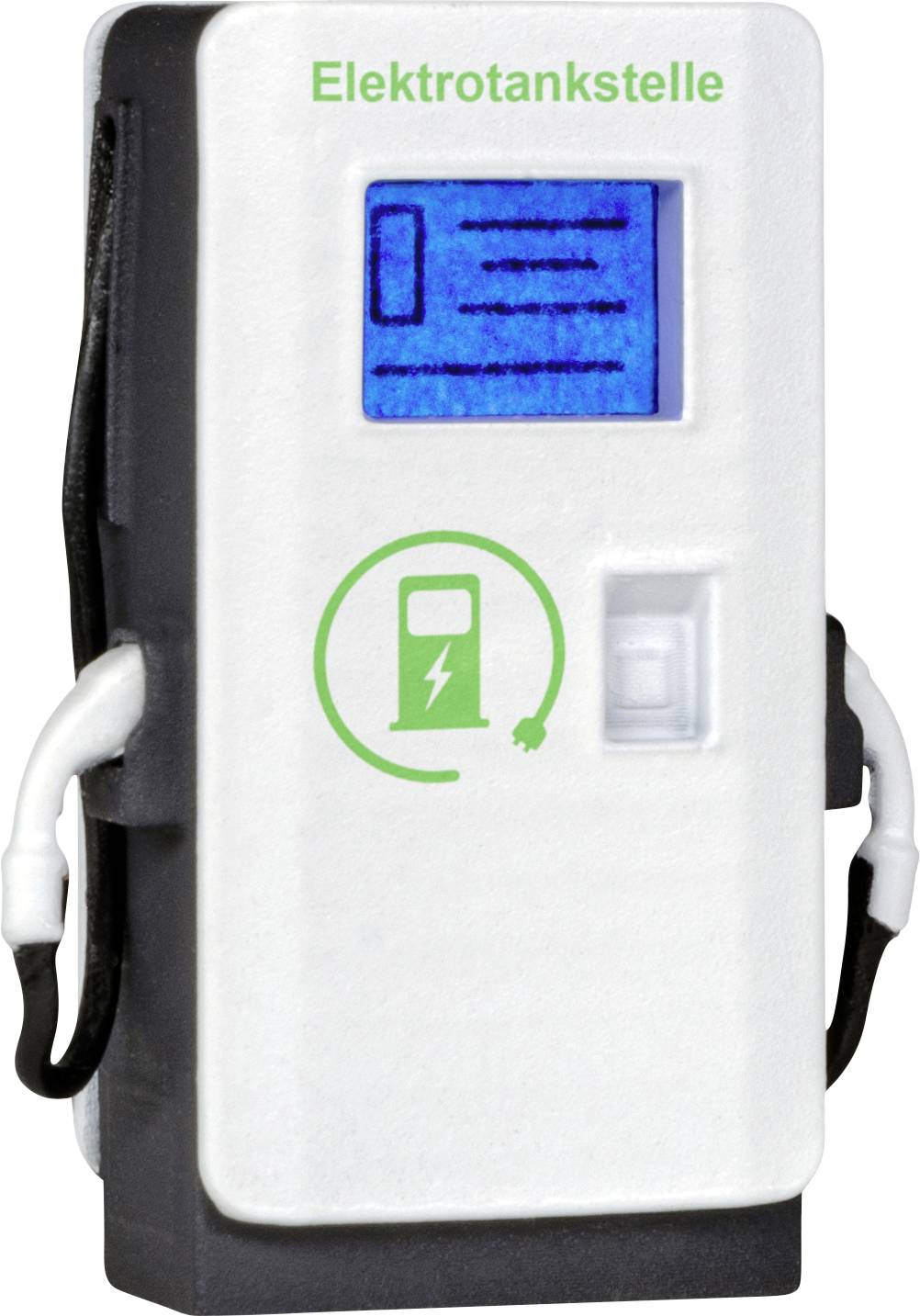 A white miniature electric charging point with a blue screen and green charging symbol.
