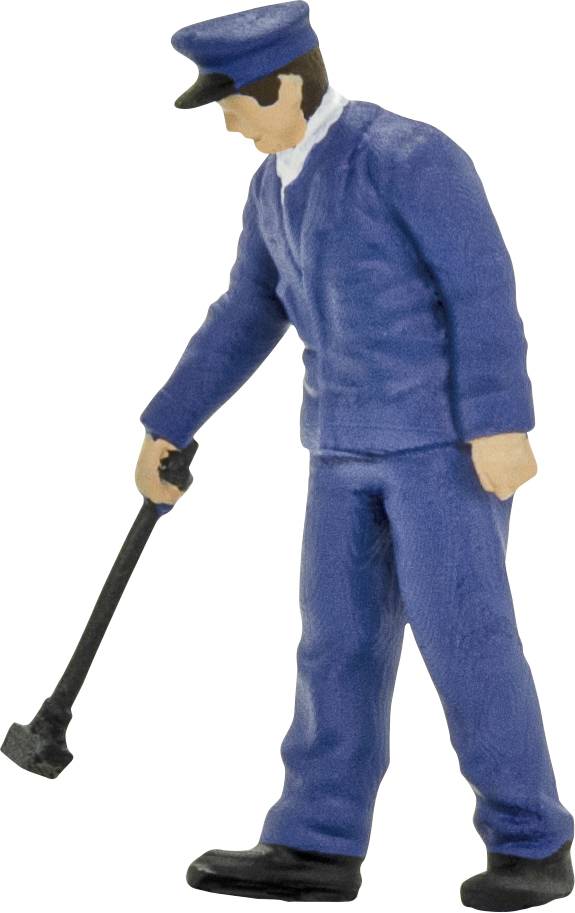 A model figure of a railway worker in a blue uniform, working with a hammer.