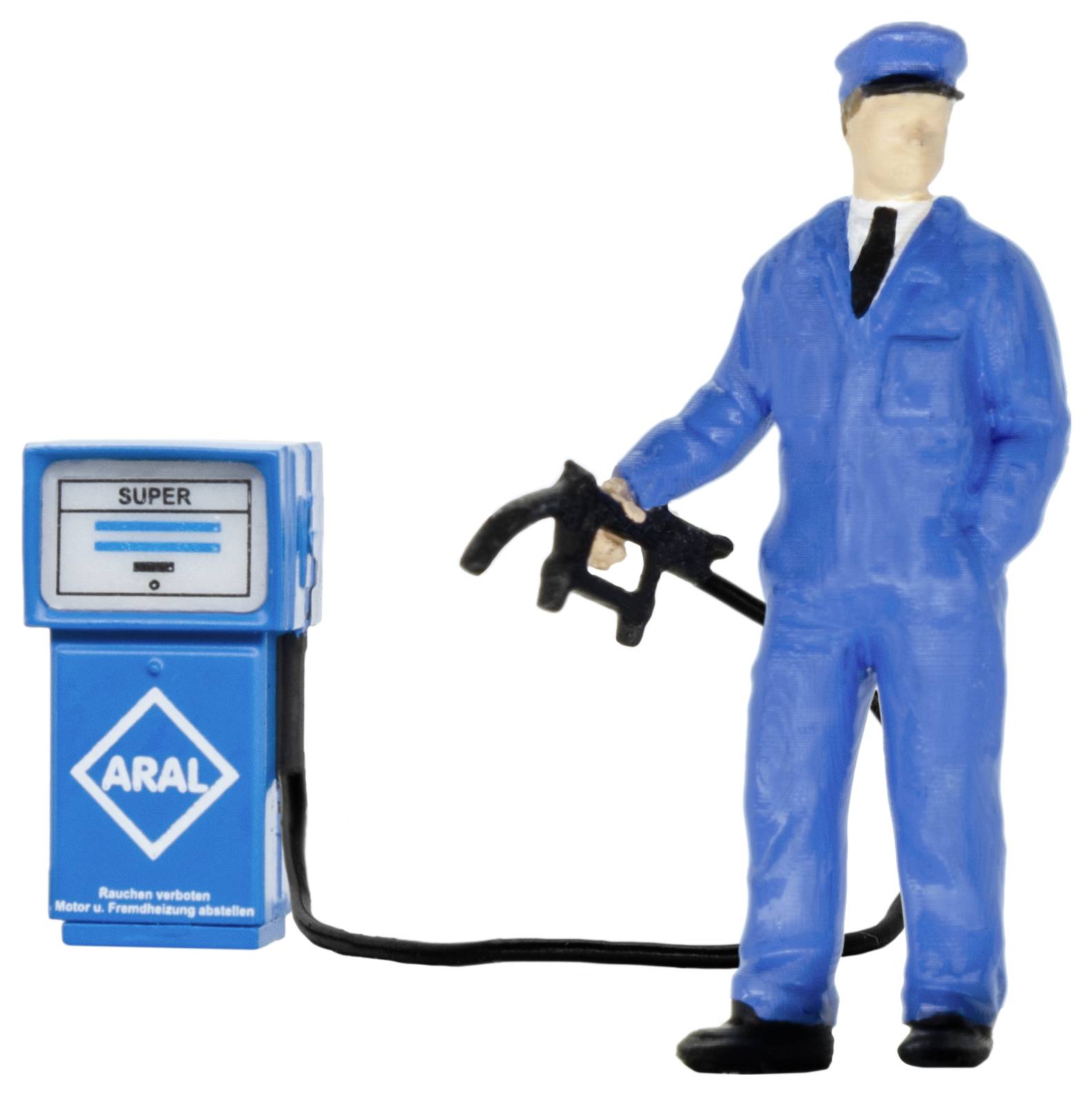 Miniature model of a petrol station attendant in a blue uniform, holding a fuel nozzle beside a small blue Aral petrol pump.