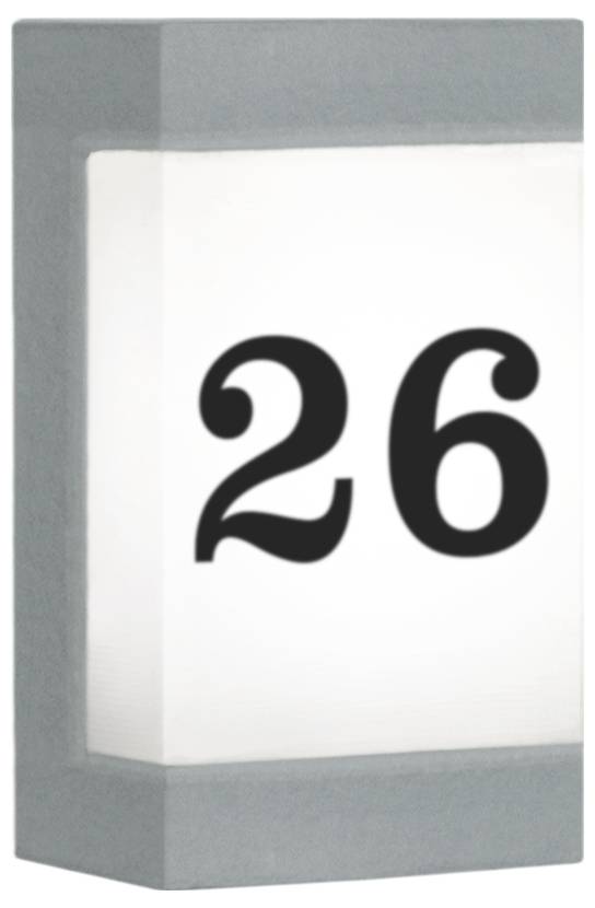 A grey square light with the black number '26' on a white background displays a house number.