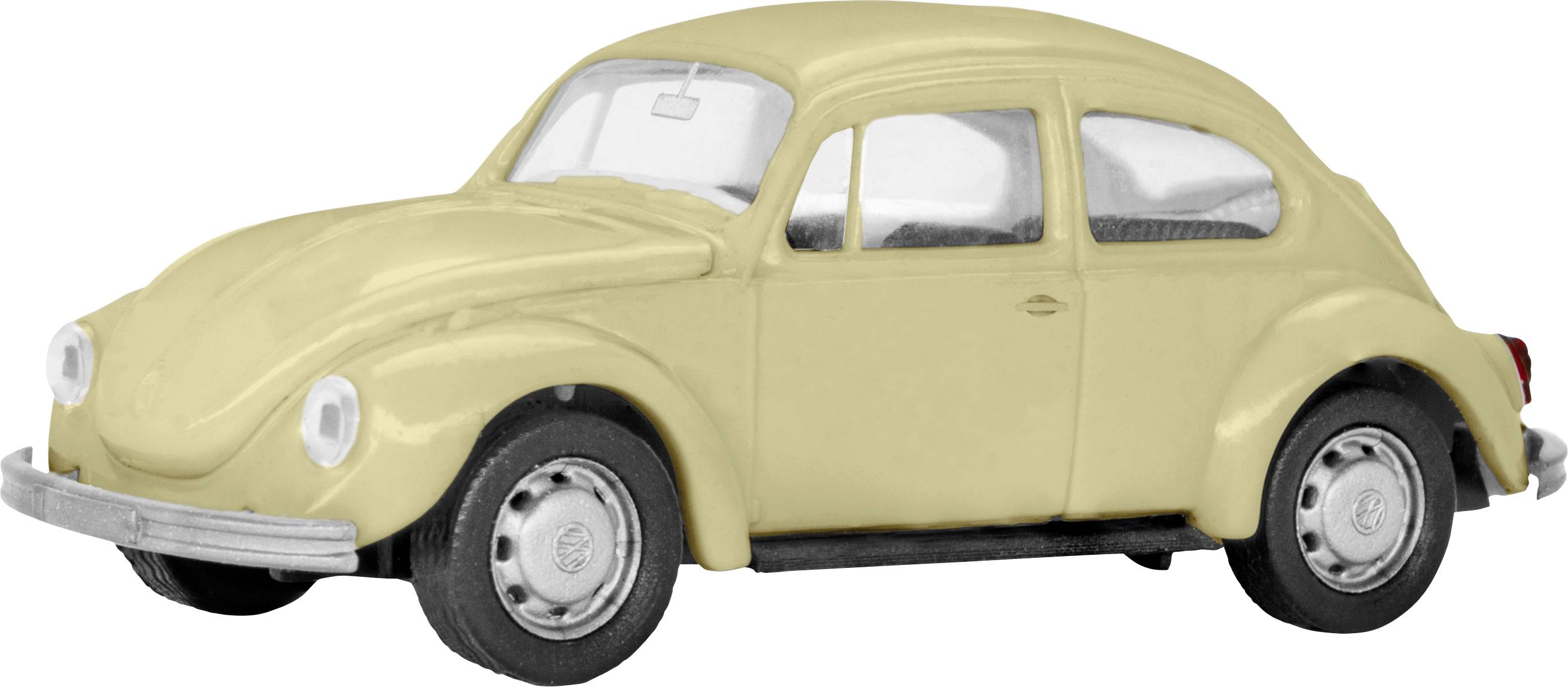 A yellowish model car in the style of a classic Beetle car. It shows details like round headlamps and chrome bumpers.